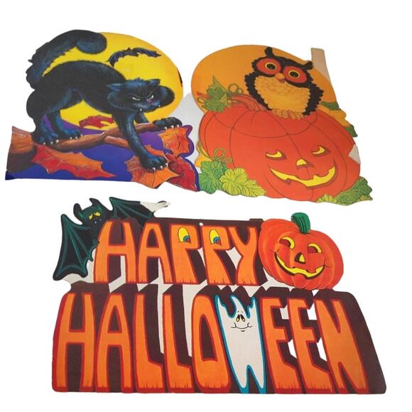 Vintage Halloween Die Cut Cutouts Cat Pumpkin Owl Happy SET OF 3 - Picture 1 of 10